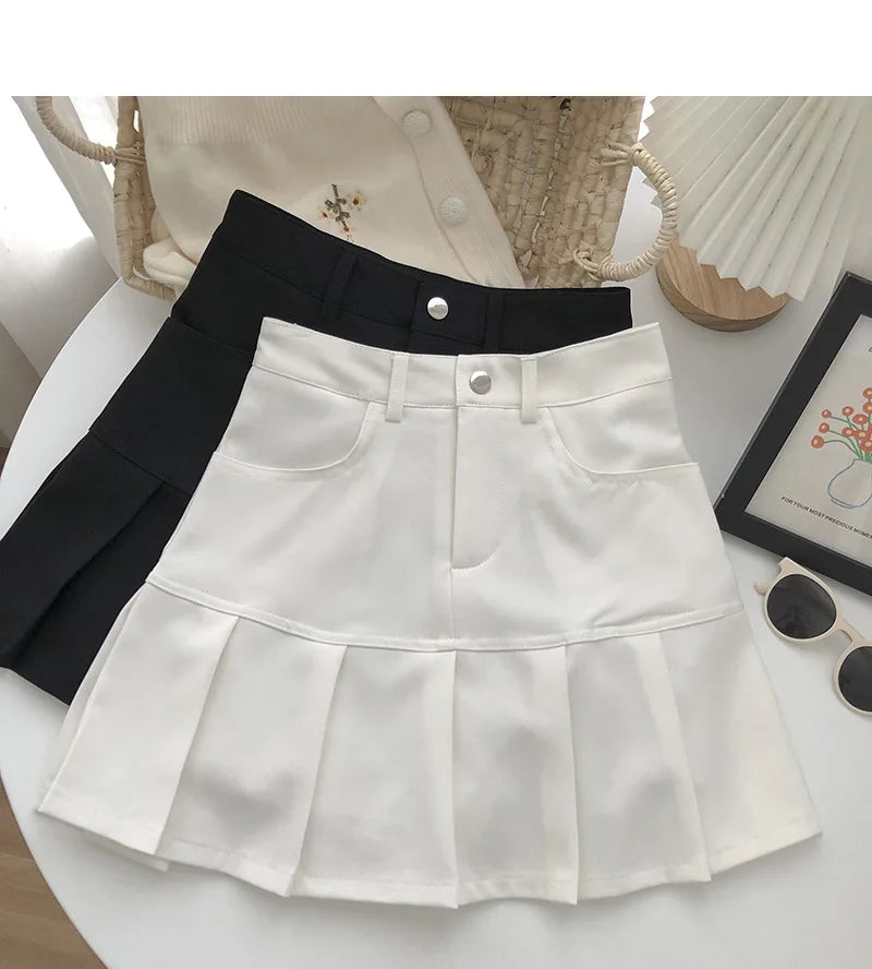 Vintage High Waist Pleated Skirt Women College Style with Safety Pants