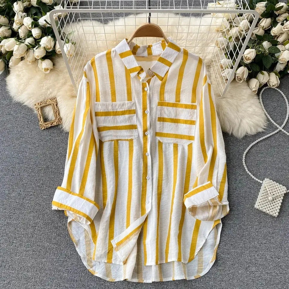 Summer Striped Blouse Fashion Turn-down Collar Long Sleeve Button Top