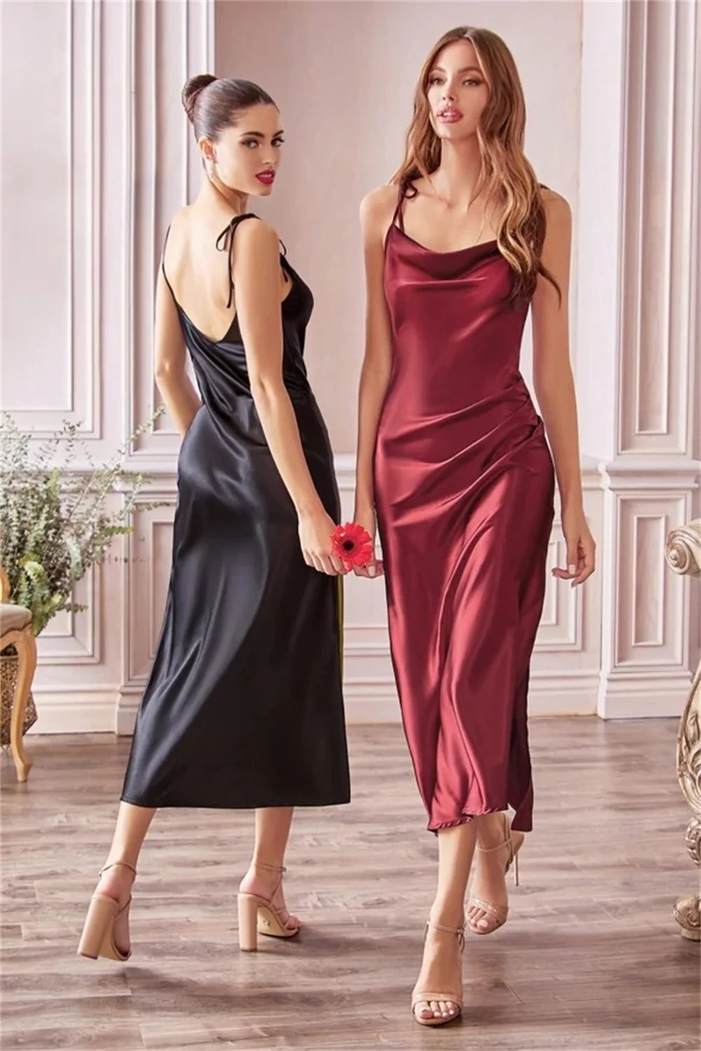 MisShow Sage Cowl Neck Satin Bandage Midi Summer Sexy High Slit Tie Straps Dress