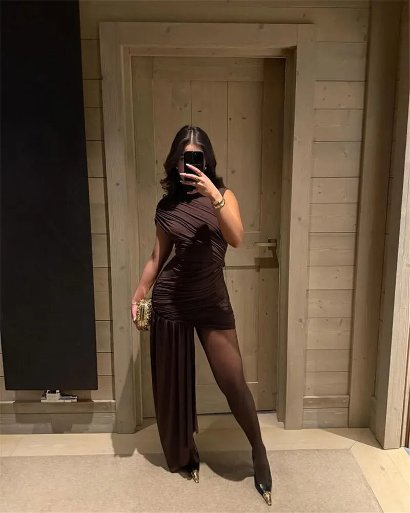 Mozision Irregular Draped Ruched Sexy Mini Turtleneck Sleeveless High Waist Pleated Club Party Dress