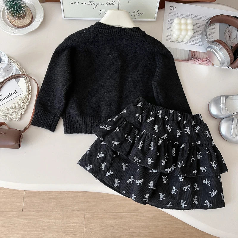Girls' Suit Fashion Small Fragrance Bow Sweater + Floral Skirt Two-piece Set