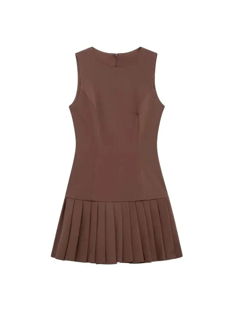 TRZA Women's Sleeveless Pleated Mini Dress O-Neck Back Zipper