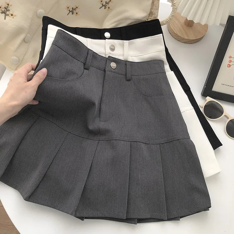 Vintage High Waist Pleated Skirt Women College Style with Safety Pants