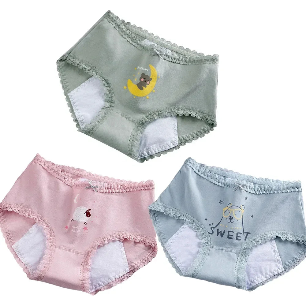 Girls Mid Waist Bear Cotton Period Briefs Soft Underwear
