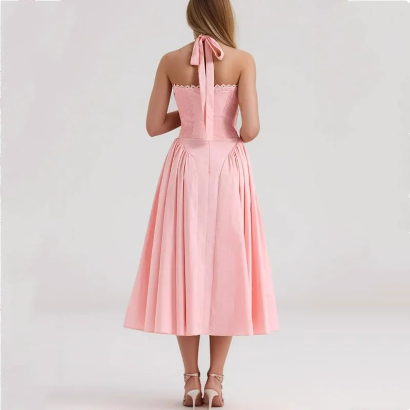 Sexy Pink Corset Style Bow Halter Dress