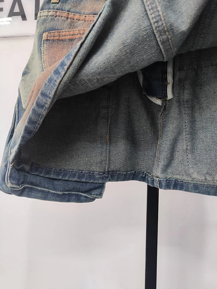 DEAT Denim Skirts Multiple Pockets Patchwork Washed A-line Mini Skirt