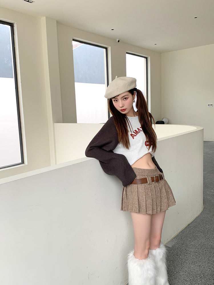 Y2K Low Rise Houndstooth Mini Skirt with Belt Woolen Pleated Mini