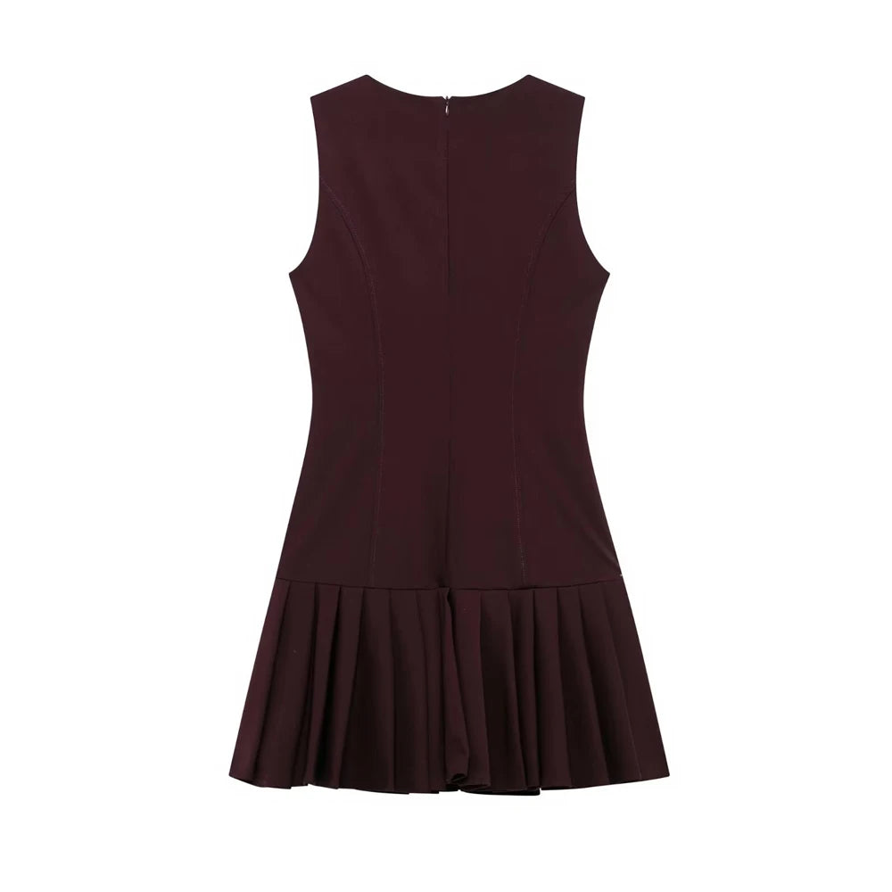 TRZA Women's Sleeveless Pleated Mini Dress O-Neck Back Zipper