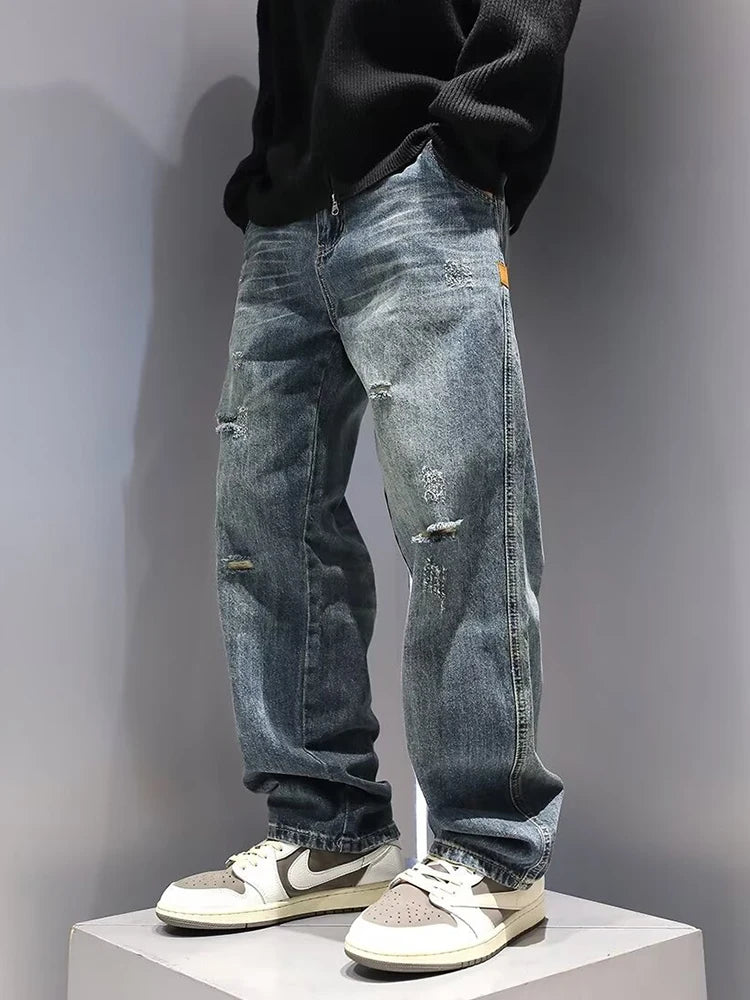 New Men's Baggy Straight Fashion Vintage Blue Denim Pants