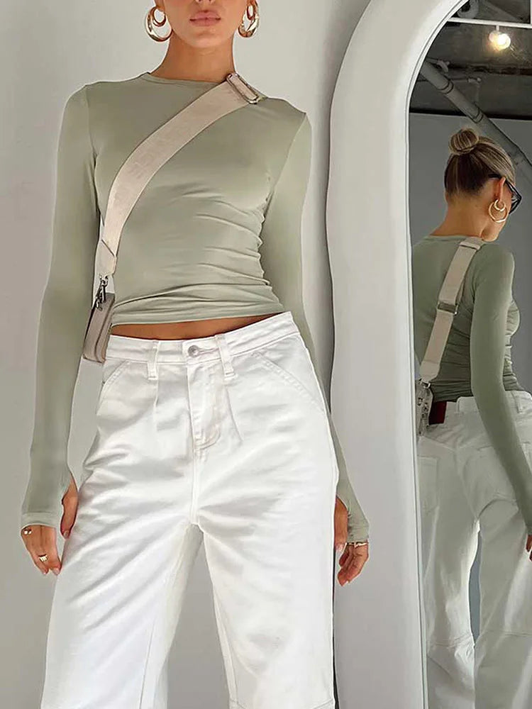 Women Long Sleeve Crew Neck Solid Slim Fit Ladies Crop Top