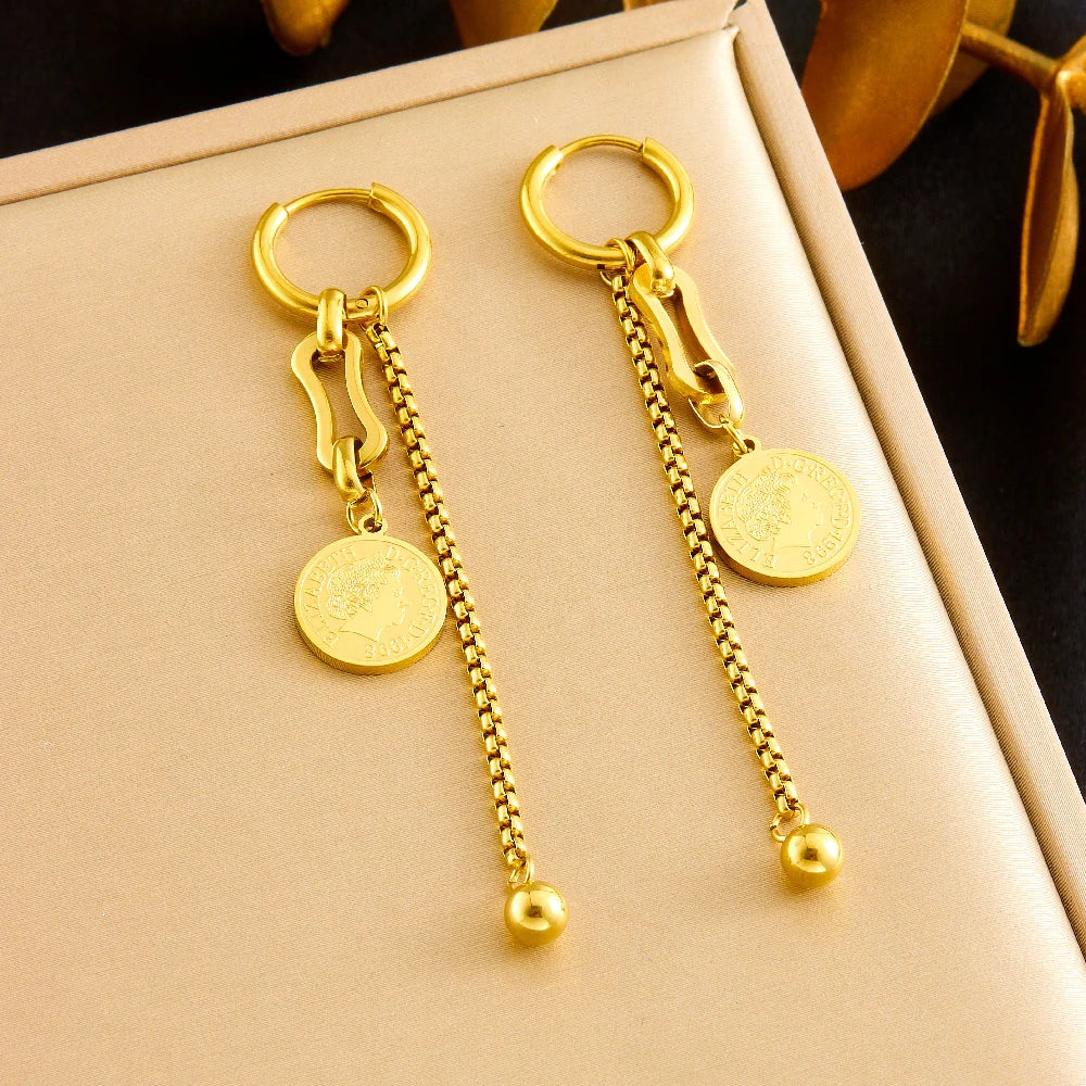 New Stainless Steel Golden Portrait Hanging Coin Necklace Earrings Bracelet Set