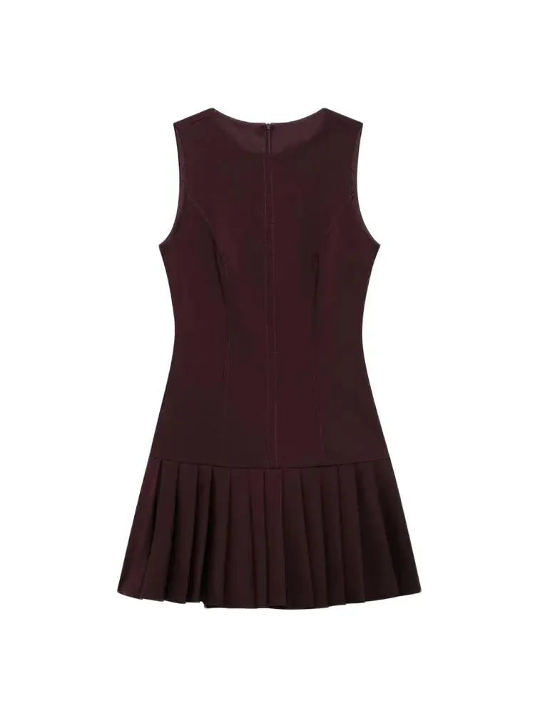 TRZA Women's Sleeveless Pleated Mini Dress O-Neck Back Zipper