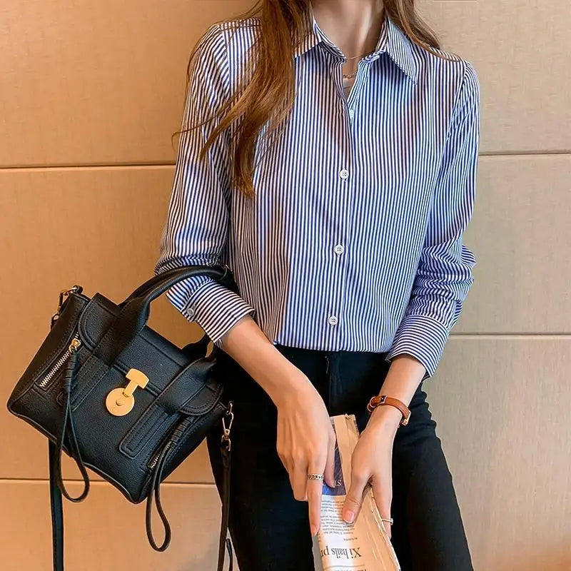 New Long Sleeve Turn-down Collar Korean All-match Lady Shirt