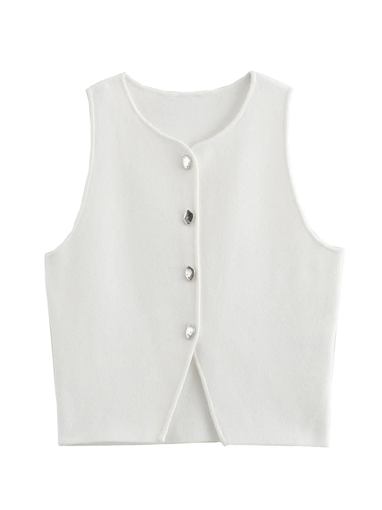 Women Fashion Sleeveless Buttons Hem Split Tops