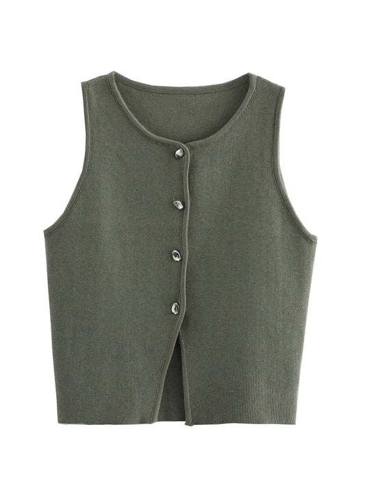 Women Fashion Sleeveless Buttons Hem Split Tops