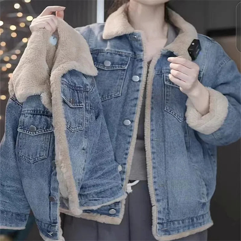 Neue lässige, dicke Jeansjacke aus Samt in Plusgröße