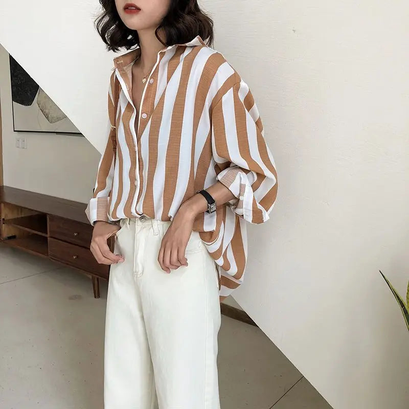 Summer Loose POLO Collar Striped Printed Chiffon Shirt