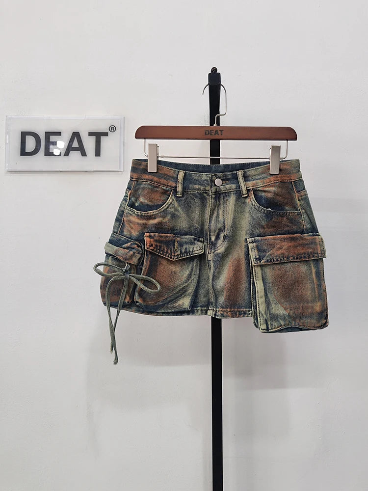 DEAT Denim Skirts Multiple Pockets Patchwork Washed A-line Mini Skirt