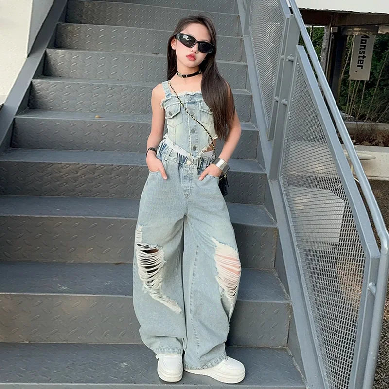 New Harbor Flavor Halter Vest Ripped Wide-leg Pants Two-piece Set