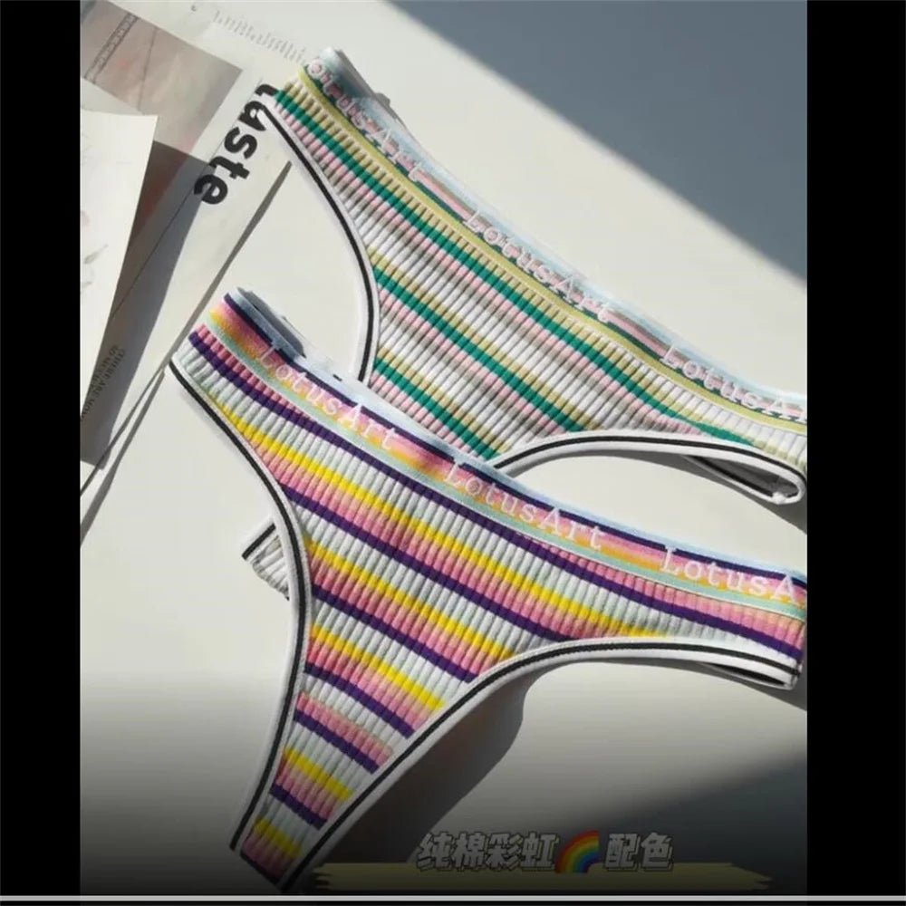 Damen String Tanga aus Spandex, nahtlos, bunt, gestreift, Baumwolle, Dessous