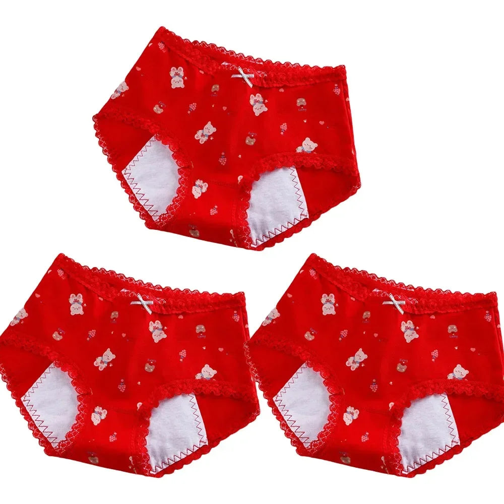 Girls Mid Waist Bear Cotton Period Briefs Soft Underwear