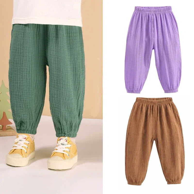 Summer Boys Cotton Linen Solid Color Loose Pleated Pant