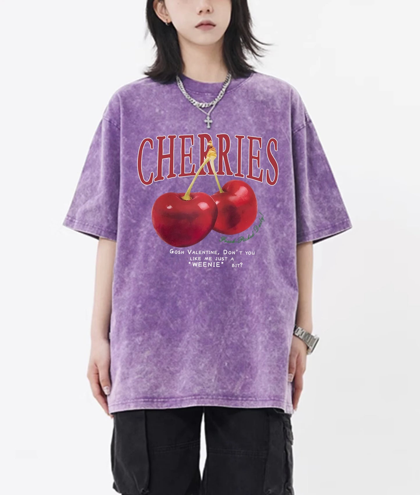 Cherry And Letter Pattern Snow Wash Top