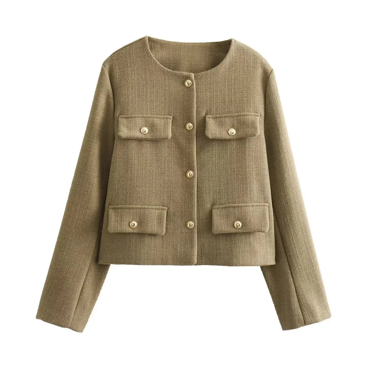 New  Fashion Solid Pockets O Neck Single Breasted Elegant Chic Short Jackets
