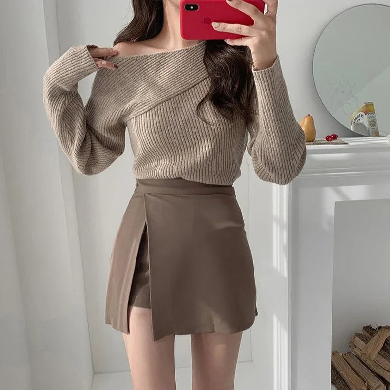 Mini Skirts Women Irregular Solid Side-slit Stretchy Style Trendy Chic