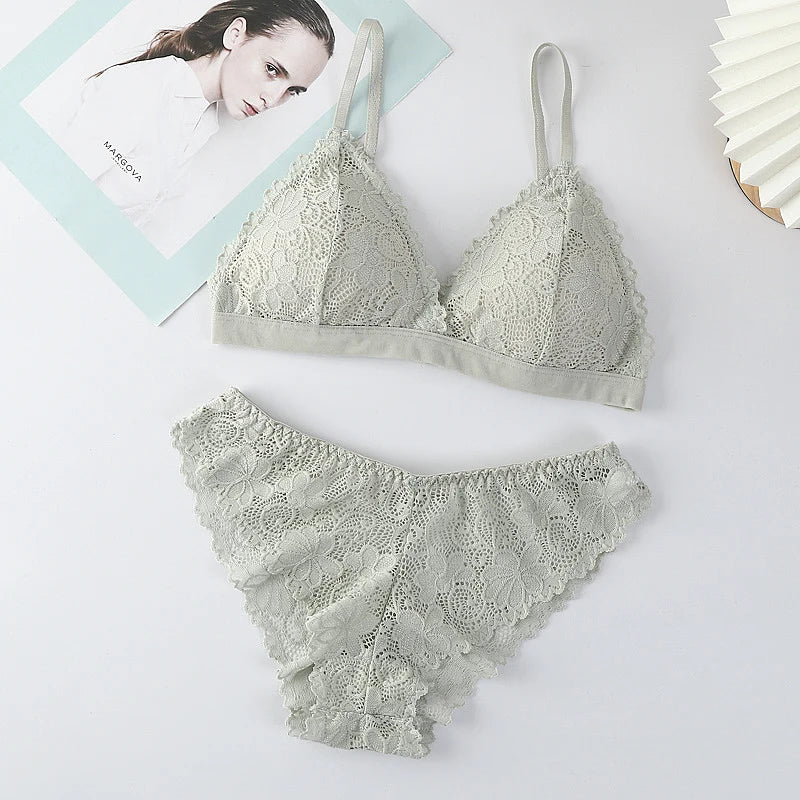 New Low Waist Briefs Vneck Embroidery Brassiere Panties Set