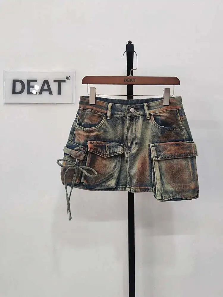 DEAT Denim Skirts Multiple Pockets Patchwork Washed A-line Mini Skirt