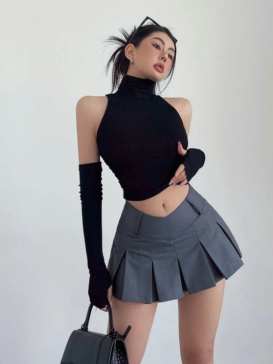 Girl Sleeves High Neck Pleated Club Crop Top