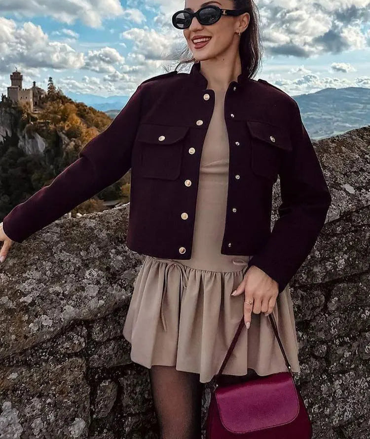 New Winter Women's Fashion Burgundy Street Jacket
