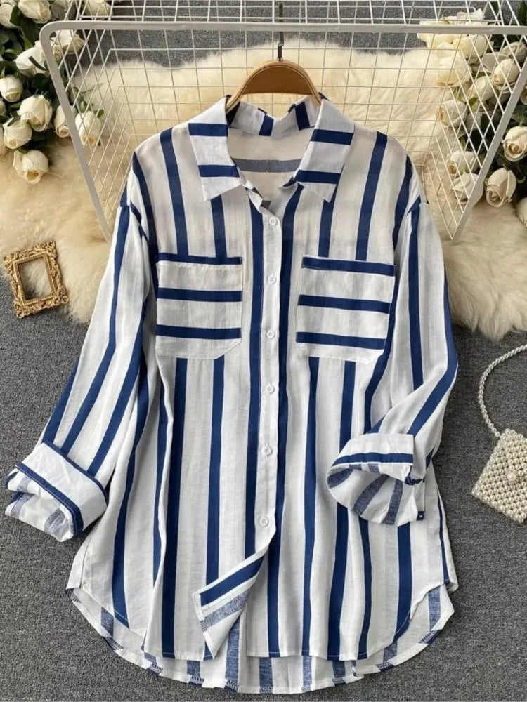 Summer Striped Blouse Fashion Turn-down Collar Long Sleeve Button Top