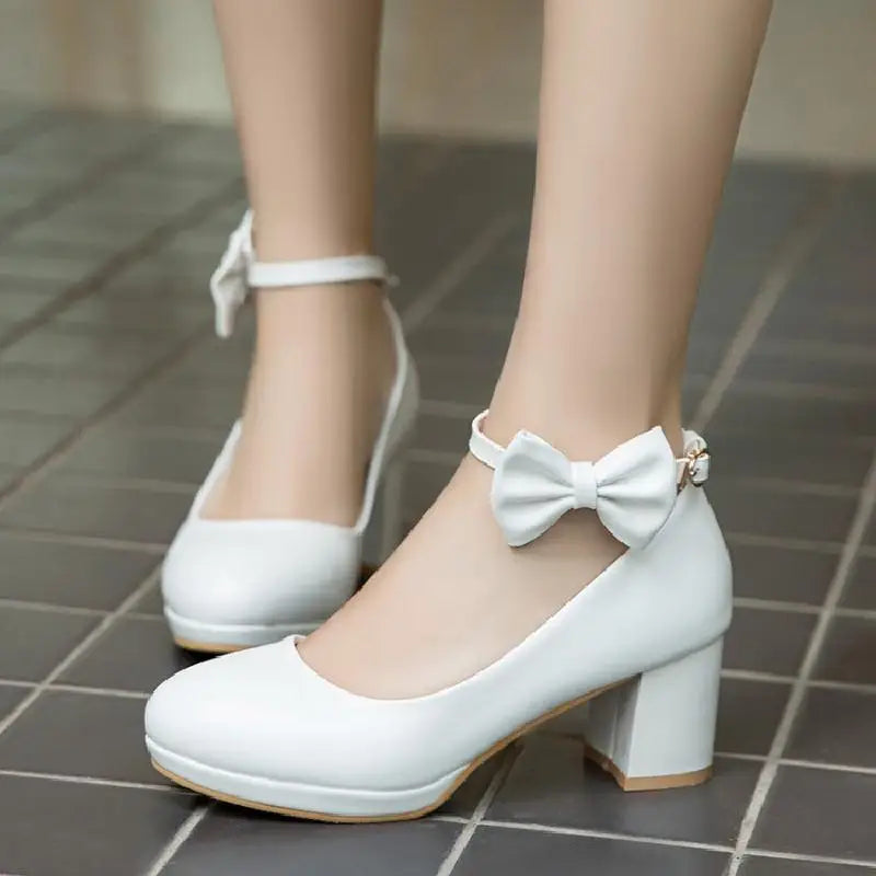 Women Platform Pumps Fashion Bow Thick Heel
