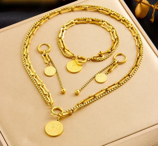 New Stainless Steel Golden Portrait Hanging Coin Necklace Earrings Bracelet Set