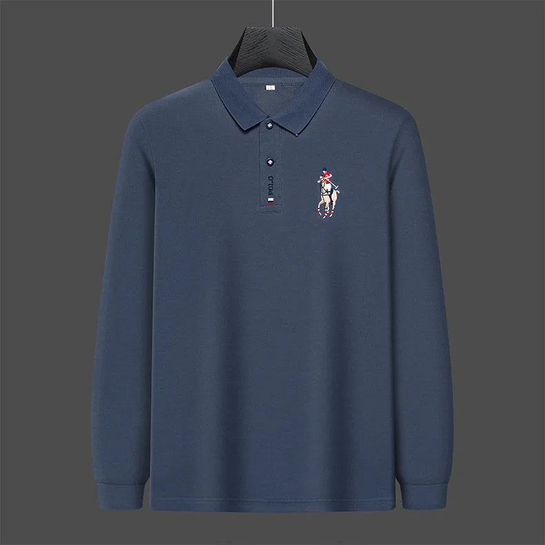 Besticktes Langarm-Poloshirt für Herren in Volltonfarbe