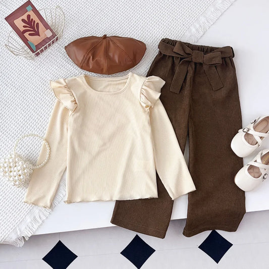 Autumn Winter Long Sleeved Round Neck Top+brown Long Pants