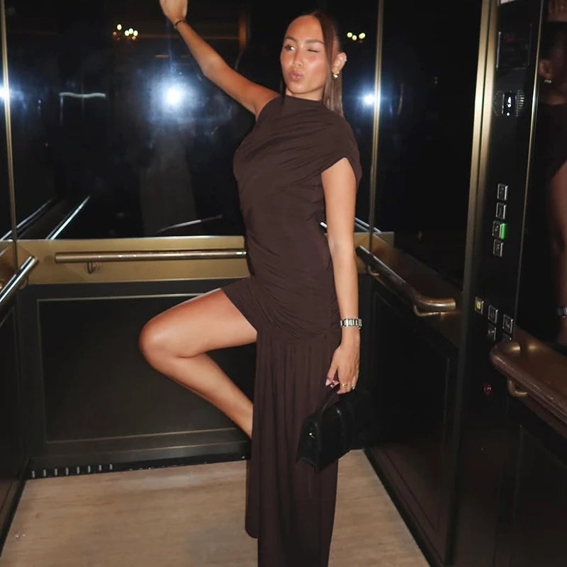 Mozision Irregular Draped Ruched Sexy Mini Turtleneck Sleeveless High Waist Pleated Club Party Dress