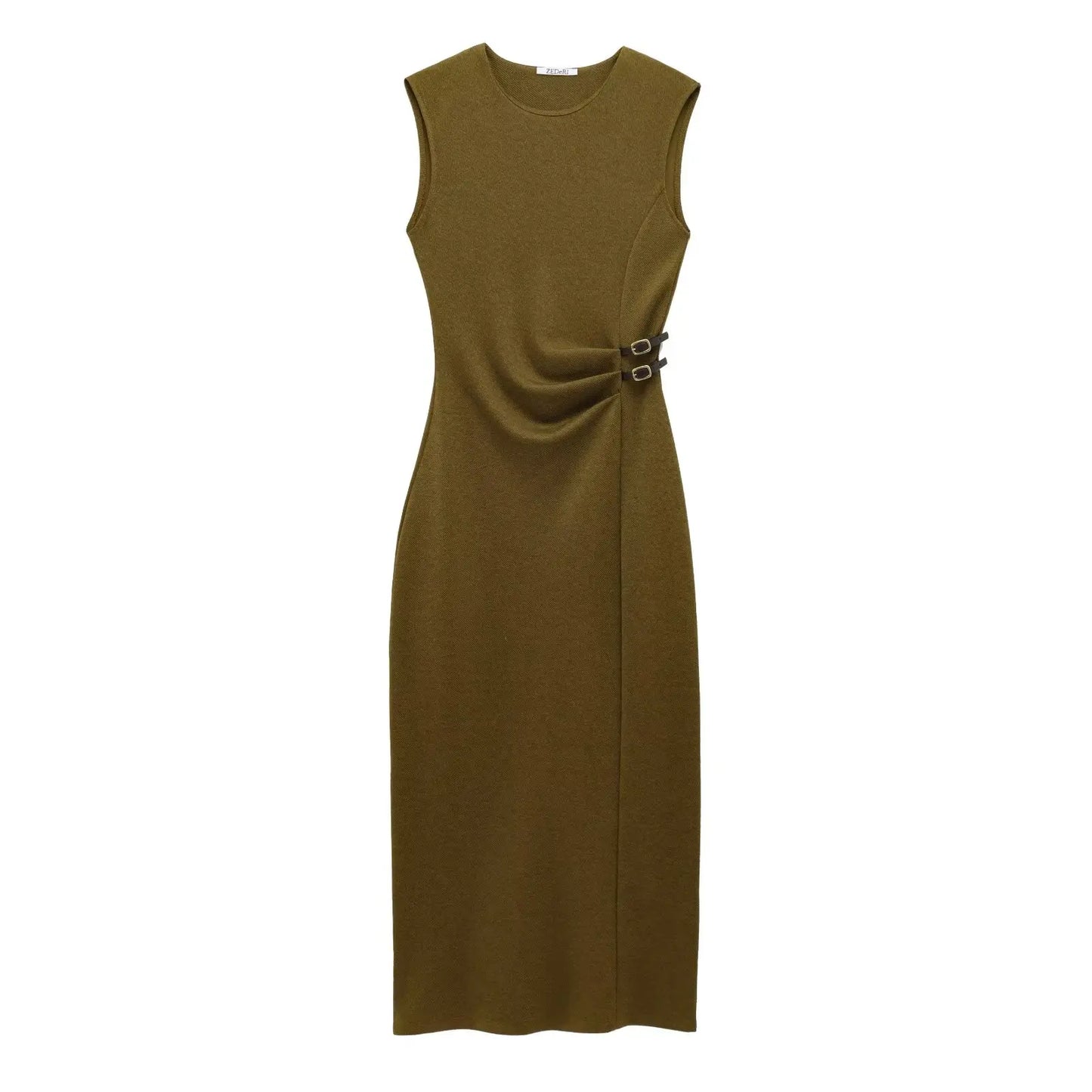 Pleated Midi O-neck Sleeveless Chic Pleated Dress Causal Party Dress