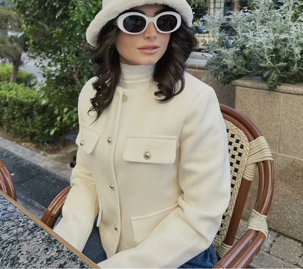 New  Fashion Solid Pockets O Neck Single Breasted Elegant Chic Short Jackets