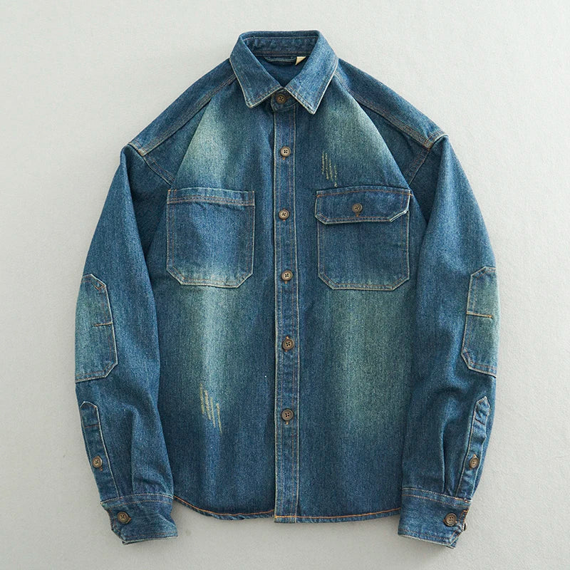 Herbst/Winter Grobes, verwaschenes Denimhemd im Retro-Look