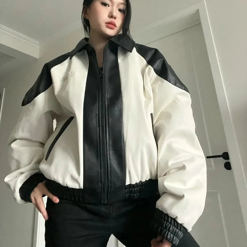 Women Oversized Patchwork Motorcycle Coat
