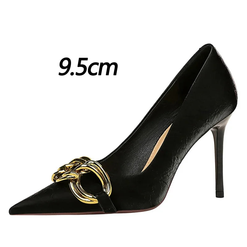 Women's Fashion Nude Metal Buckle Pumps High-Heels