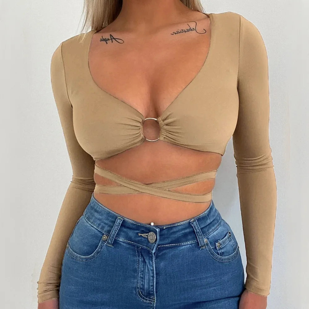 Women Long Sleeve Metal Ring Bandage Tee Tops
