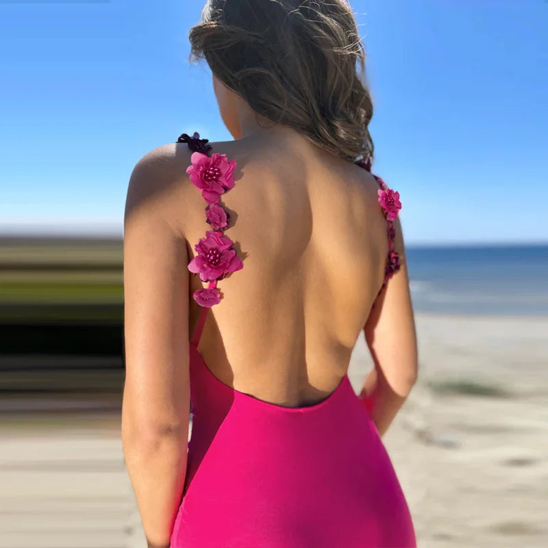 Mozision Flower Spaghetti Strap Backless Maxi Dress Women Rose Pink Bodycon Slipdress
