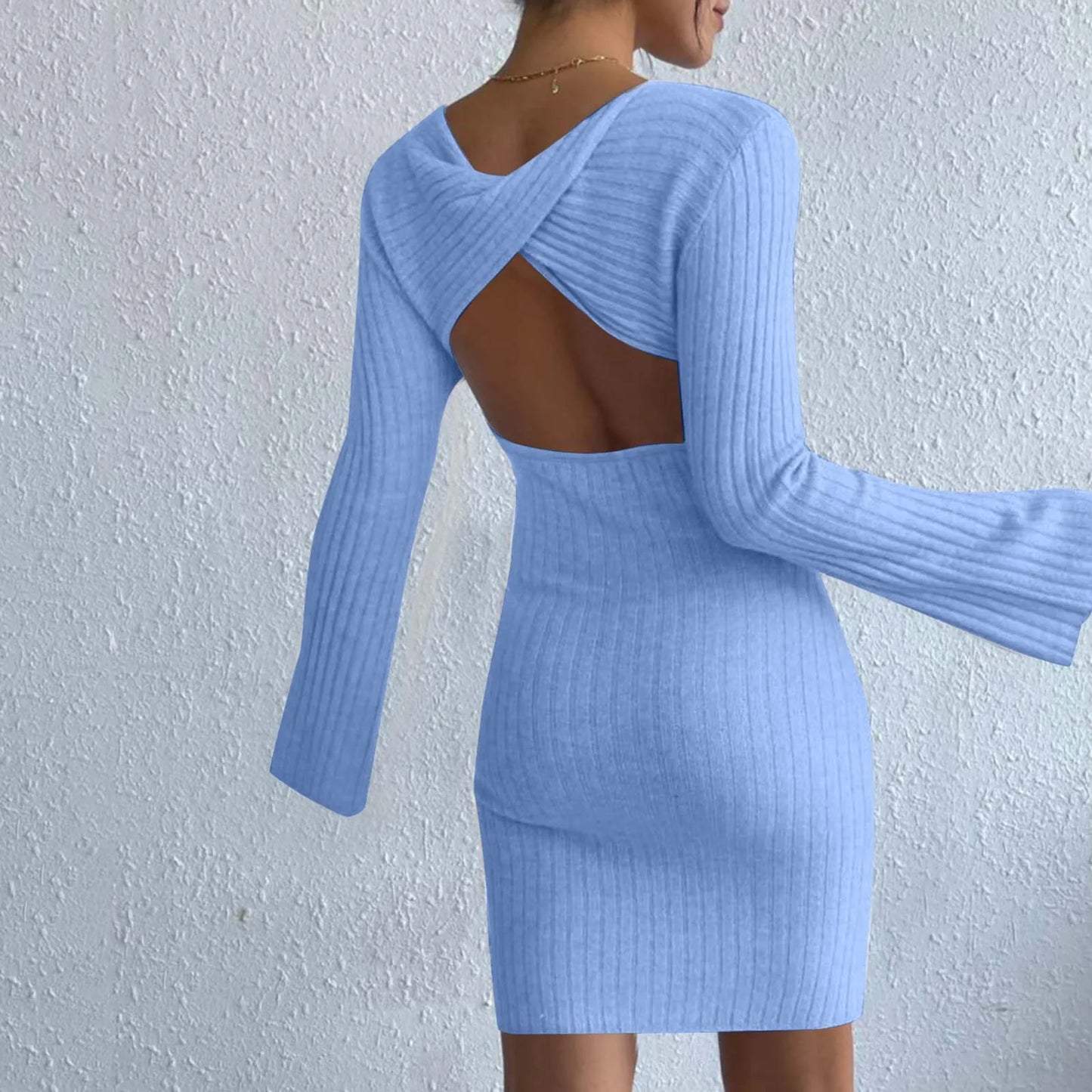 Solid Color High Quality Knitted Backless Dresses Long Sleeve Dress