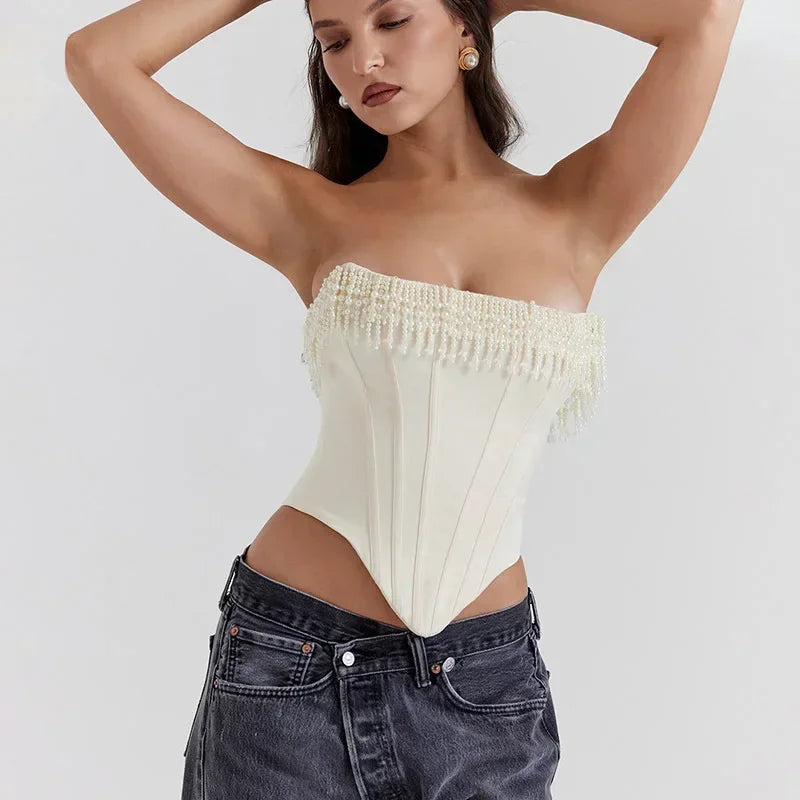 Pearl Tassel Corset Strapless Crop Tops