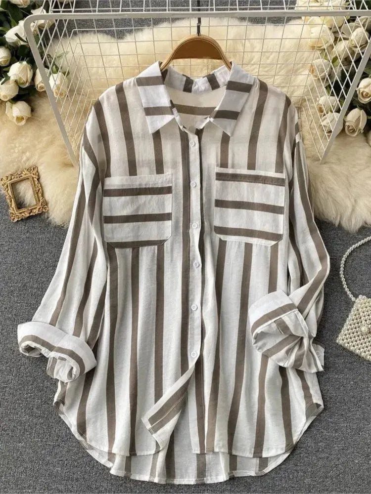 Summer Striped Blouse Fashion Turn-down Collar Long Sleeve Button Top