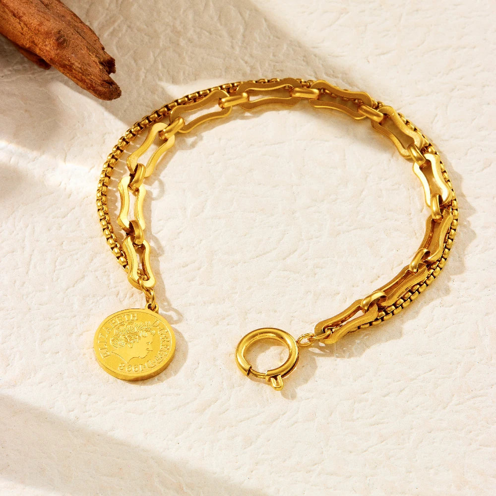 New Stainless Steel Golden Portrait Hanging Coin Necklace Earrings Bracelet Set